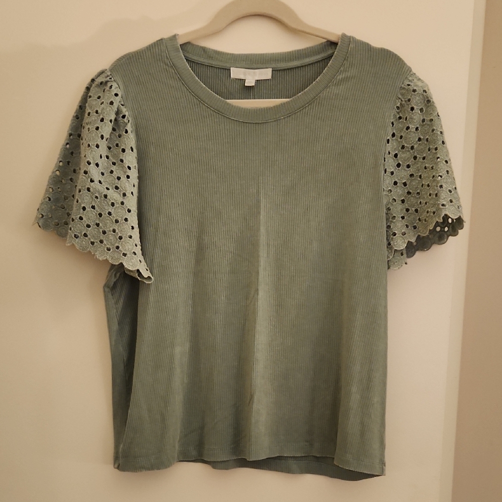 Design History Sage Green Eyelet Sleeve Short Sleeve Top